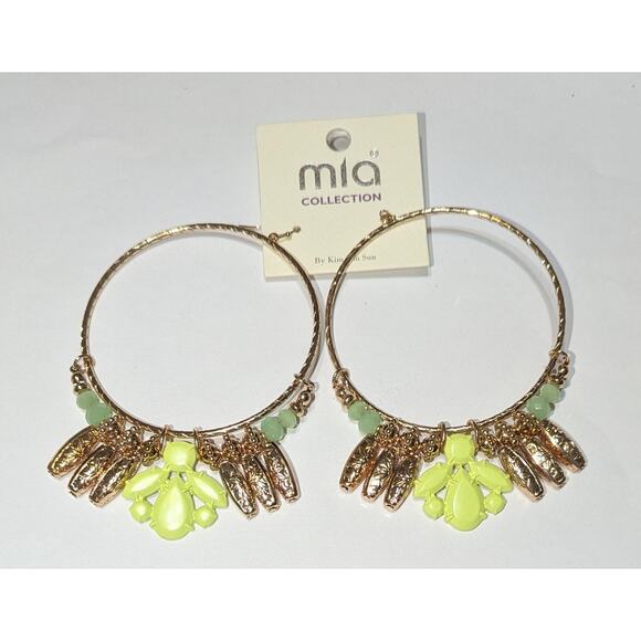 MIA Collection Hoop Earrings Gold Tone Green Beads Neon Yellow Dangle Statement - Picture 2 of 8